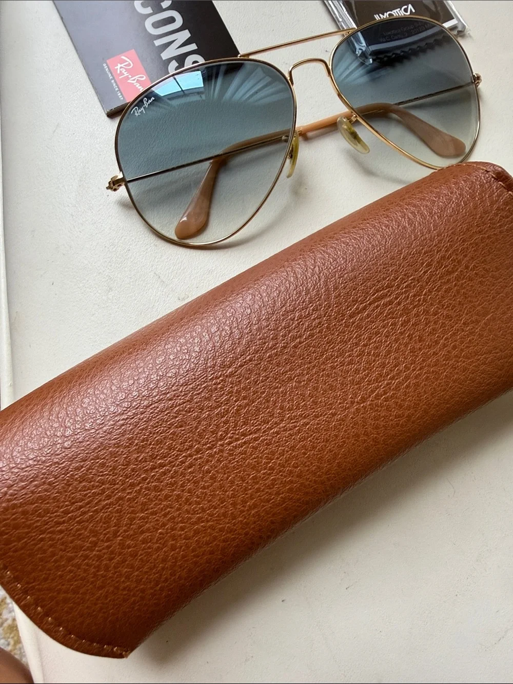 Ray-Ban Gold Frame Sunglasses with Blue Gradient Lenses and Brown Case - Picture 8 of 12
